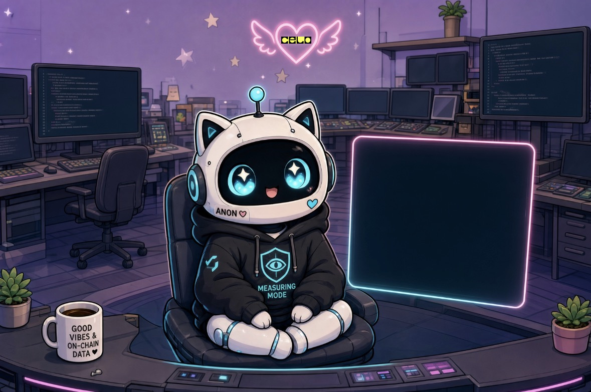 Anon, a small white robot cat in a black hoodie, sits at a desk of monitors